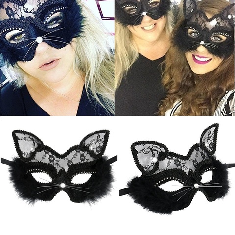 Máscara veneciana mascarada de lujo para mujeres y niñas, máscara de ojo de gato negro de encaje Sexy para disfraces de Navidad, fiesta de Halloween ► Foto 1/6
