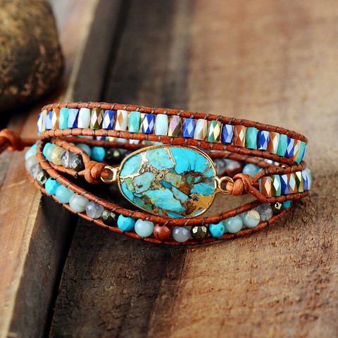 Pulsera de piedras naturales doradas para mujer, brazalete envolvente de cuero antiguo, para playa y vacaciones ► Foto 1/4