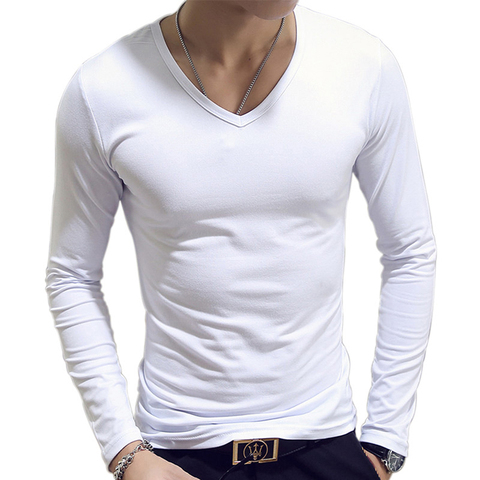 Blanco Color sólido básico ajustado hombres camiseta de primavera y otoño que basa la camisa de los hombres de cuello redondo cuello en V Casual Tops camisas de manga larga ► Foto 1/6