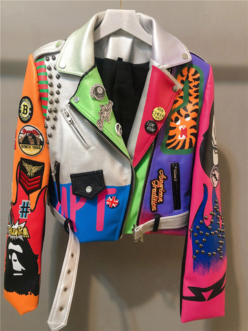 3xl 4xl las mujeres y los hombres cuentas estilo tachuelas, chaqueta de cuero de la pu de color streetstyle Graffiti prendas de vestir exteriores cartas estampado piel chaquetas ► Foto 1/5