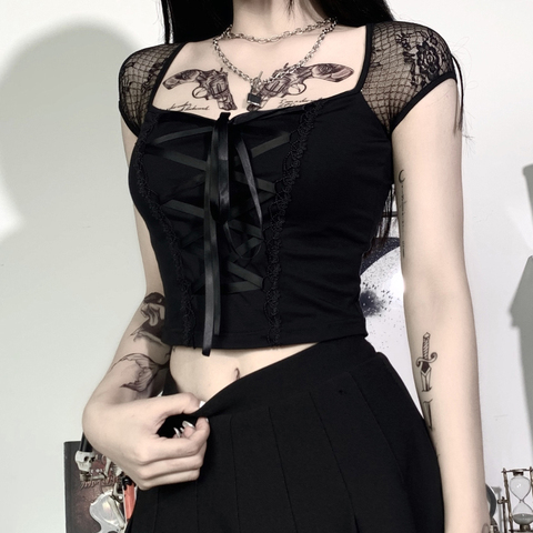 InsGoth-Tops Vintage góticos para mujer, camiseta negra de encaje ajustada, ropa urbana gótica, Top Sexy informal de malla ► Foto 1/6