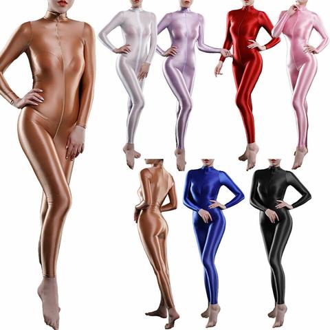 Mono de licra brillante para mujer, traje de baile de manga larga, entrepierna con cremallera, mono semitransparente, ropa de baile de cuerpo completo, Catsuits para niña ► Foto 1/6