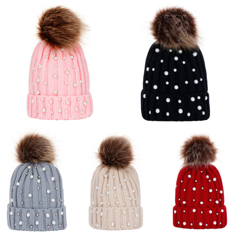 De moda de los niños de invierno de punto Beanie sombrero con perla caliente gorros con pompones para niños Casual Pom sombreros de las niñas, gorros, gorros de lana ► Foto 1/6