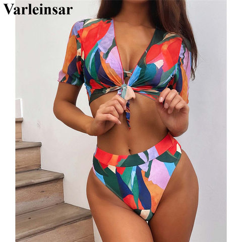 Bañador Sexy de colores para mujer, traje de baño de cintura alta, conjunto de Bikini de dos piezas, bañador de manga corta, ropa de baño V2805 ► Foto 1/6