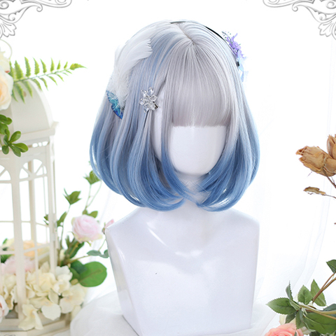 MEIFAN-pelucas de Anime corto sintético Bob Color Lolita con flequillo de aire para mujer, cabello falso Natural, peluca de Cosplay de Lolita azul y negro ► Foto 1/6