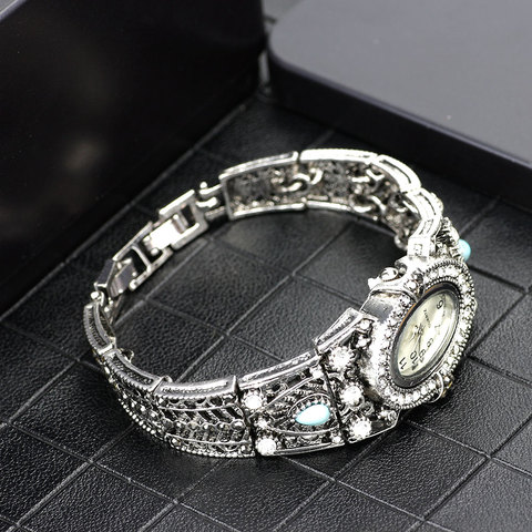 Sunspicems-Reloj de pulsera Vintage para mujer, de color plateado antiguo, indio, brazalete, ovalado, funda completa con diamantes de imitación, regalo elegante para Festival ► Foto 1/6