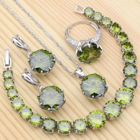 Conjunto de joyería de plata 925 para mujer, de circonia cúbica verde oliva, anillo de cristal blanco, pulsera, collar, Pendientes colgantes ► Foto 1/6