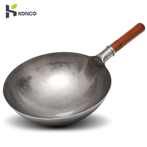 Wok martillado a mano, Wok de hierro tradicional chino sin recubrimiento mango de madera sartén antiadherente utensilios de cocina ► Foto 1/1