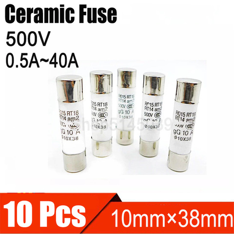 10 Uds 10*38 fusible de cerámica golpe rápido 10x38mm fusible de cerámica 500V 0.5A 1A 2A 3A 4A 5A 6A 8A 10A 16A 20A 25A 32A 40A RO15 fusible 500V ► Foto 1/2