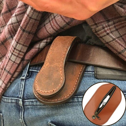 Monedero plegable de cuero con cremallera para hombre y mujer, billetera portátil antipérdida, multiherramienta de defensa personal ► Foto 1/6