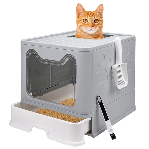 Caja de arena para gatos, sanitario para mascotas, con protección anti-salpicaduras, para perros y gatos, caja de plástico con cuchara para remover la arena, para el hogar ► Foto 1/6