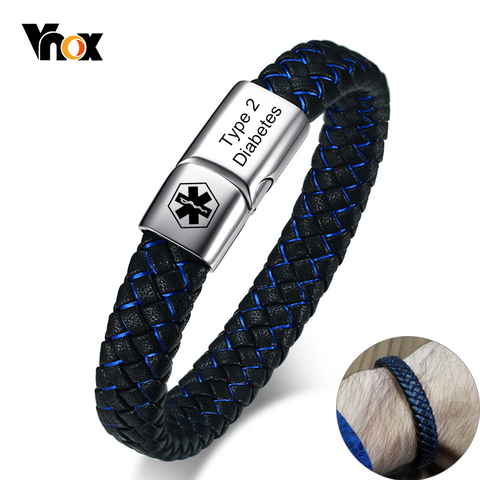 Vnox-pulsera médica personalizada con identificación para hombre, brazalete de cuero trenzado con cierre, para Diabetes, COPD, enfermero, joyería personalizada ► Foto 1/6