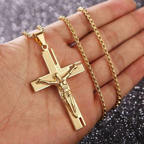 Collar con colgante religioso de Cruz de Oro para hombre, collar con cadena de Jesús Crucificado ► Foto 1/4