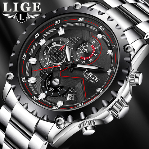 LIGE-reloj analógico de acero inoxidable para hombre, accesorio de pulsera de cuarzo resistente al agua 30m con cronógrafo, complemento masculino de marca de lujo con diseño militar, 2022 ► Foto 1/6