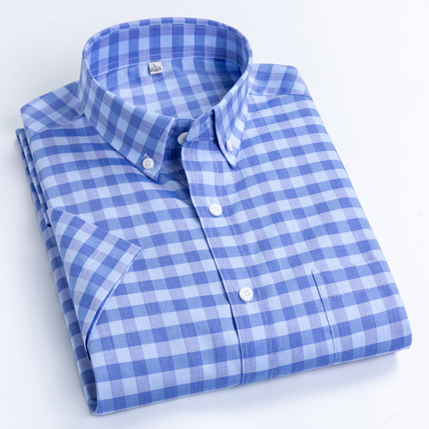 Camisas de manga corta a cuadros para hombre, 100% de algodón suave, transpirable de calidad, informal, de verano ► Foto 1/6