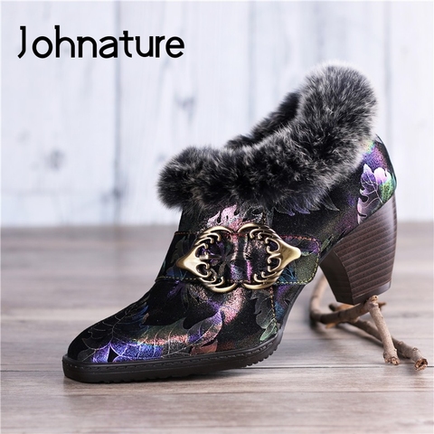Johnature-zapatos de tacón alto de piel auténtica para mujer, calzado de invierno con estampado de bordes volteados, hechos a mano, zapatos de ocio, 2022 ► Foto 1/6