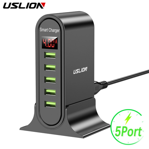 USLION 5 Puerto USB cargador HUB Multi Estación de carga USB con acoplamiento de escritorio pared pantalla LED Universal nuevos cargadores de la UE nos enchufe de Reino Unido ► Foto 1/6