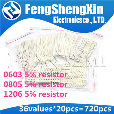 36 valores * 20 piezas = 7 20 piezas 0603, 0805 SMD 1206 Kit de resistencia de bolsa de muestra 1/4W 0,25 W 5% 1ohm ~ 10M ohm SMD Kit surtido 1R 1K 100K 3,3 1M ► Foto 1/4