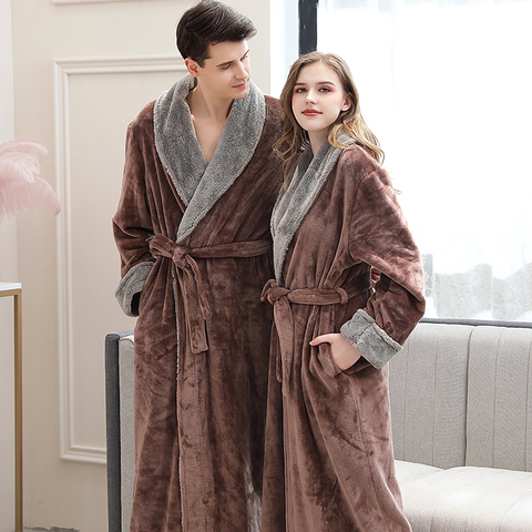 Albornoz largo de franela larga para mujer y hombre, Kimono de baño liso y cálido, color rosa, para dama de honor, para invierno ► Foto 1/6