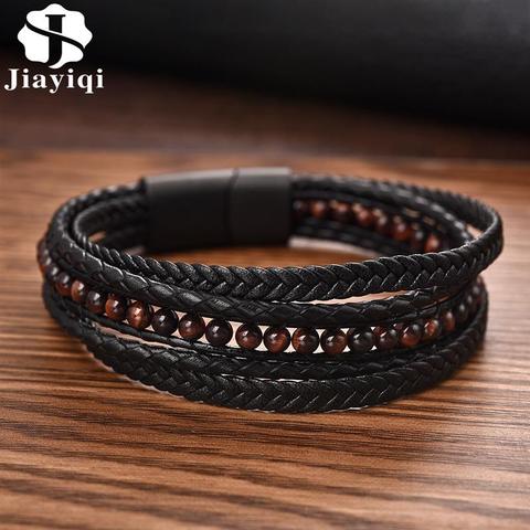 Jiayiqi-pulsera de cuero multicapa con cuentas de piedra Natural para hombre, brazalete con cierre magnético de acero inoxidable, joyería Punk ► Foto 1/6