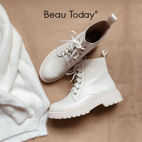 ¡Novedad del 03429! Botines BeauToday de piel de vaca auténtica con cordones y punta redonda para mujer, botines con suela de plataforma para Otoño e Invierno hechos a mano ► Foto 1/6