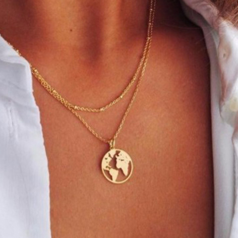 Colgante de mapa del mundo para mujer, colgante de mapa de oro, Gargantilla del mundo, collares de luna creciente y colgantes delicados ► Foto 1/6