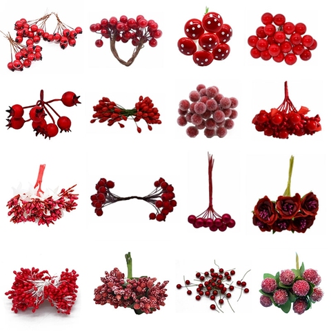 Paquete de bayas de estambre de cereza Artificial con flores rojas, decoración de Navidad DIY, caja de regalo para pastel de bodas, decoración de Navidad ► Foto 1/6