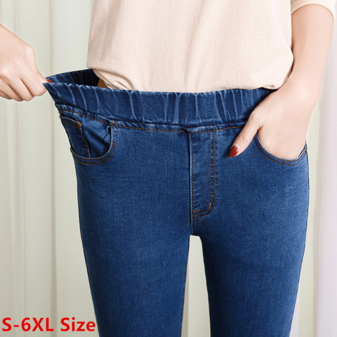 Pantalones vaqueros elásticos de cintura alta para mujer, Vaqueros ajustados de talla grande 5XL 6XL, Vaqueros Mom con bolsillo negro y azul ► Foto 1/6