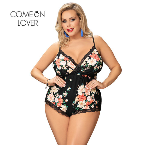 Comeonlover camiseta flor Onesies con estampado para las mujeres de cuello en V sin respaldo mono combinación de telas de encaje Delgado pijama mameluco RI80963 ► Foto 1/1