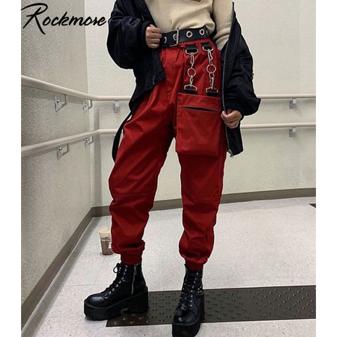 Pantalones Cargo Rockmore Harajuku con cinta, pantalones para correr de talla grande para mujer, pantalones de chándal para invierno, pantalones negros holgados de pierna ancha para mujer ► Foto 1/6