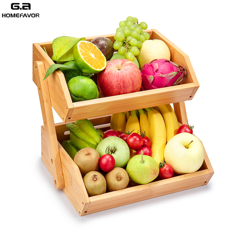 Cesta de frutas, 2 neumáticos, estante de almacenamiento de bambú, recipiente para alimentos de cocina extraíble transpirable, accesorios para frutas y verduras frescas ► Foto 1/6