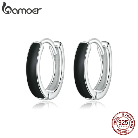 Bamoer-pendientes de aro de plata negra para mujer, aretes de gota de aceite de esmalte plateado de ley 100% 925, pendientes de fiesta joyería SCE1047, 1 par ► Foto 1/6