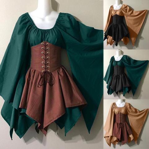 Las mujeres adultas Medieval Hada duende elfos S-5XL traje chica celta, princesa vestido de encaje cintura Cincher Corset conjunto irregular vestidos ► Foto 1/6