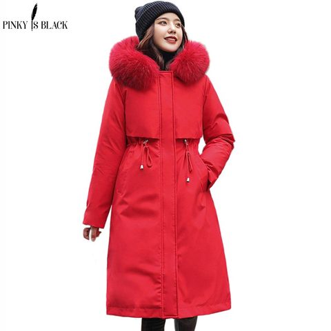 PinkyIsBlack-chaquetas largas de lana Lisa para mujer, Parkas largas de talla grande con capucha y cuello de piel, abrigo grueso, Invierno 2022 ► Foto 1/6