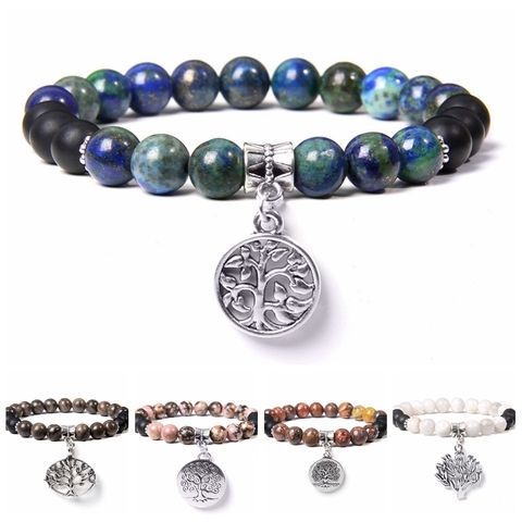 Lapislázuli-joyas brazalete con piedras para hombre y mujer, lazuli azul Natural, árbol de la vida curativo, abalorio de color plateado, pulsera de cuentas hecha a mano ► Foto 1/6