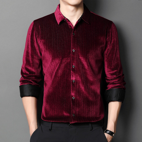 Camisas de vestir de terciopelo rojo para hombre, camisas de lujo Retro de invierno, felpa púrpura, talla grande, blusa de terciopelo, color burdeos, franela, negro ► Foto 1/6