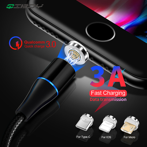 QIBOY 360 ° rotar el Cable magnético del teléfono Micro USB tipo C cargador imán 1m 3A Cable de carga rápida para iPhone 11 Pro Samsung Xiaomi ► Foto 1/6