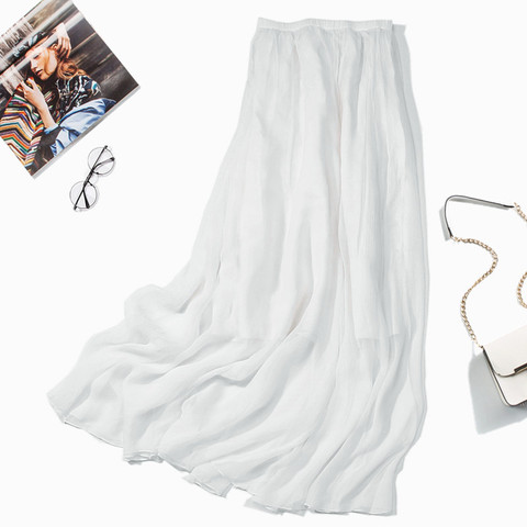 Falda larga plisada de dos capas para mujer, falda Maxi de seda 100%, color crema, JN010-2 de playa para verano ► Foto 1/4