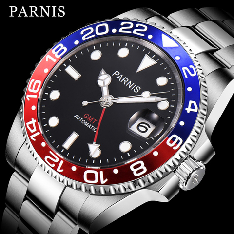 Parnis 40mm relojes mecánicos GMT relojes para hombre negro rojo bisel de cerámica reloj Diver Acero inoxidable automático zafiro lujo de los hombres del reloj ► Foto 1/6