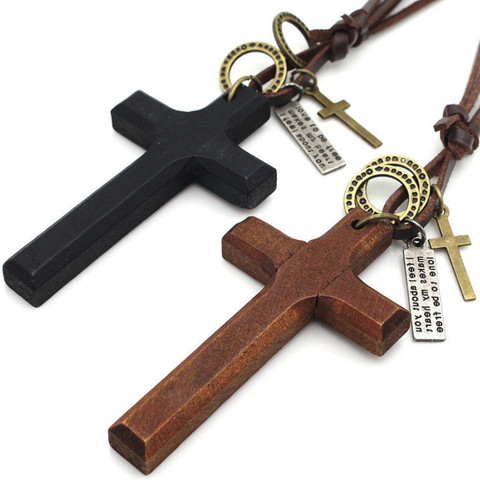 Vintage negro marrón Cruz colgante collar para mujer hombres madera crucifijo oración religiosa cristiana collares hombre joyería regalos ► Foto 1/6