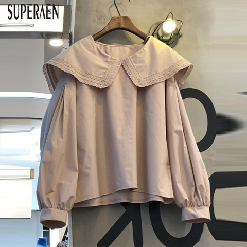 SuperAen-camisas nuevas de primavera y otoño para mujer, blusas de algodón de estilo coreano, blusas salvajes, Tops con solapa dulce, 2022 ► Foto 1/6