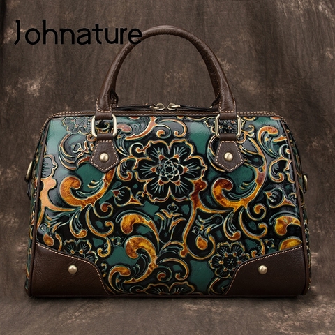 Johnature-Bolsos Retro de piel auténtica para mujer, carteras de piel de vaca con relieve hecho a mano, tipo bandolera, 2022 ► Foto 1/6