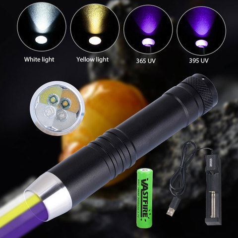 Linterna UV con 4 fuentes de luz, luz ultravioleta recargable, 365nm, 395nm, 18650 + cargador ► Foto 1/6