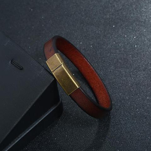 Jiayiqi, 2022, Nueva joyería para hombres, pulsera de cuero marrón para hombres, cierre magnético de acero inoxidable, moda 18,5/20,5/22,5 cm, brazaletes de regalo ► Foto 1/5