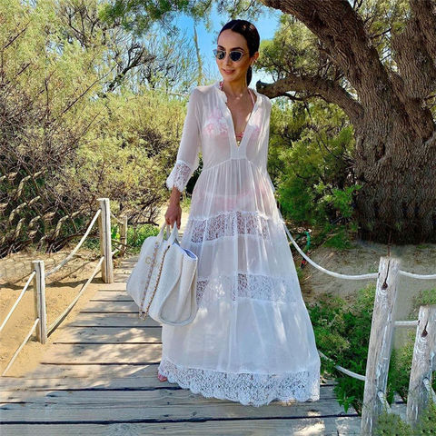 Vestido playero de encaje blanco con cuello en V para mujer, Túnica Sexy de talla grande para playa y piscina Q988 2022 ► Foto 1/6