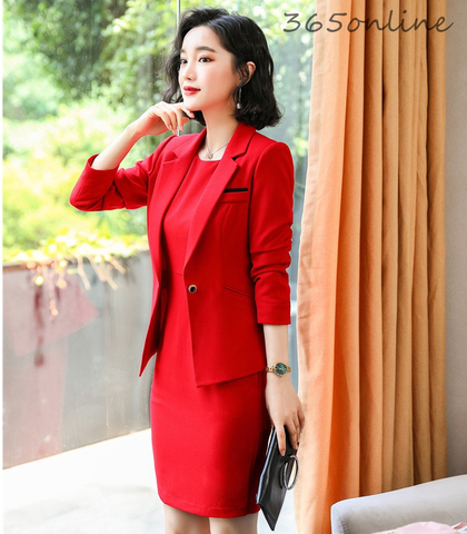 Trajes de negocios formales con vestido y chaquetas para mujer, chaqueta de Ropa de Trabajo profesional para oficina, otoño e invierno, color rojo elegante ► Foto 1/6