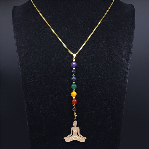 Collar de cadena de acero inoxidable con diseño de Buda para mujer, gargantilla larga de Color dorado con piedras Chacras de 7 colores, NXS04 ► Foto 1/5