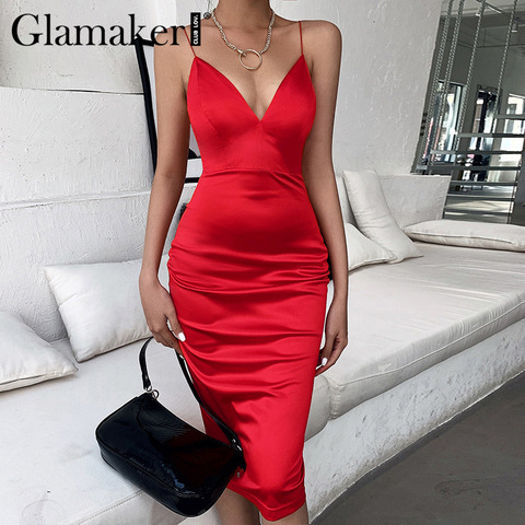 Glamaker-vestido rojo de satén con escote triangular, vestido mujer estiliza la figura,