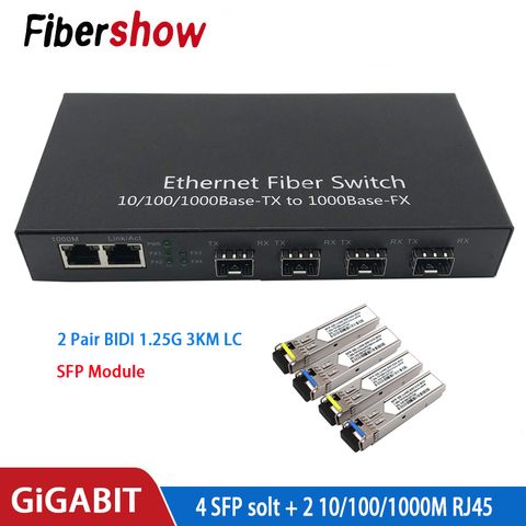 Conmutador Ethernet Gigabit convertidor de medios ópticos de fibra 4 sfp 2 RJ45 10/100/1000M UTP interruptor fibra puerto ► Foto 1/6