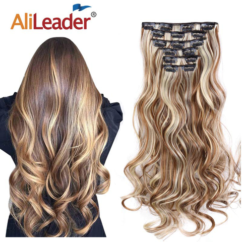 Alileader-Conjunto de extensiones de pelo largo sintético para mujer, 22 pulgadas, rizado, resistente al calor, color marrón claro, gris, Rubio, con Clip en cabello ombré ► Foto 1/6